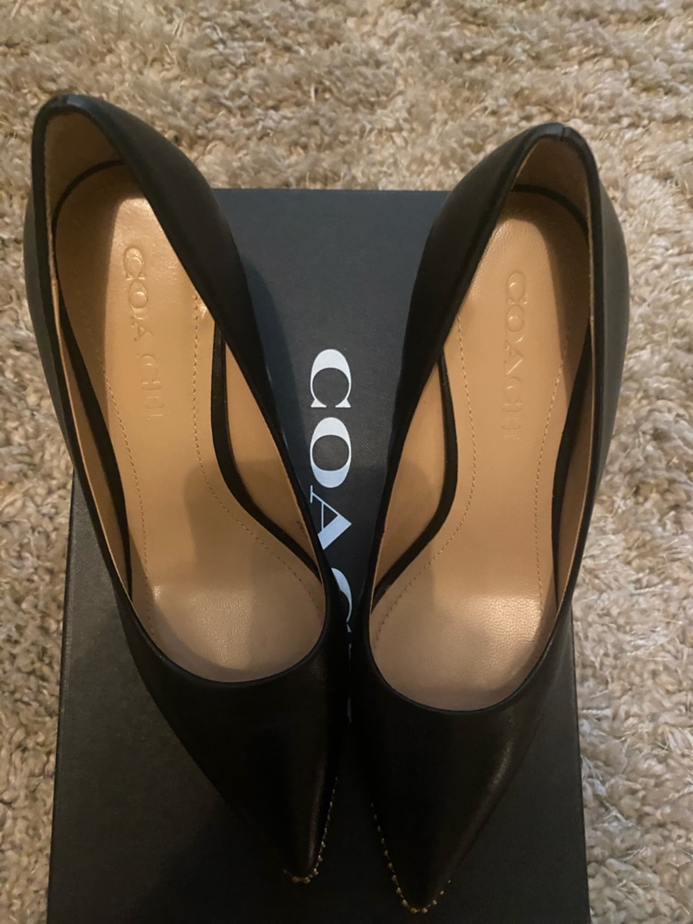 Coach Waverly 85 BChain Black Pointed Toe Leather Heels with Gold Stud Trim - Picture 4 of 10